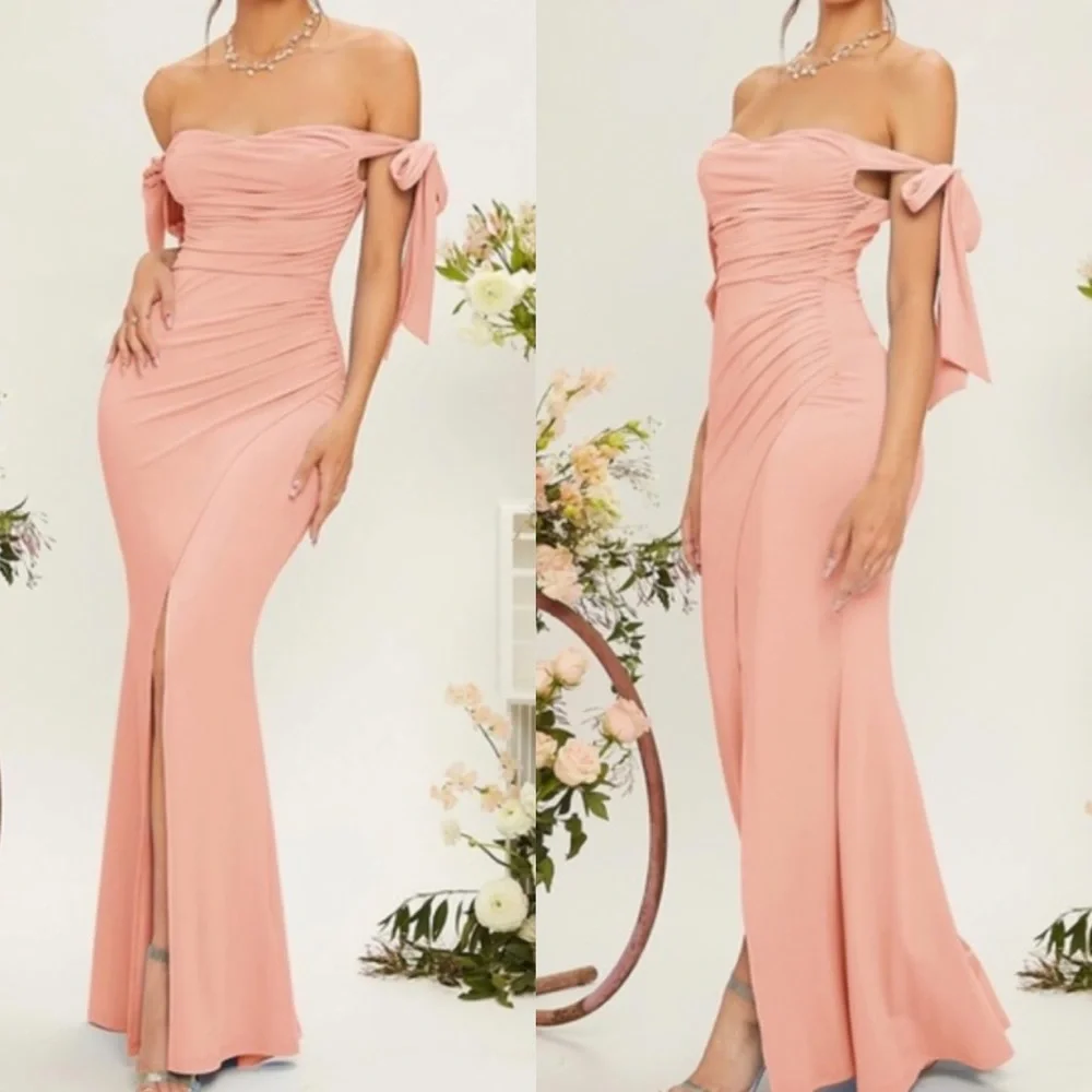 Luxe teal blue off shoulder party formal evening dress